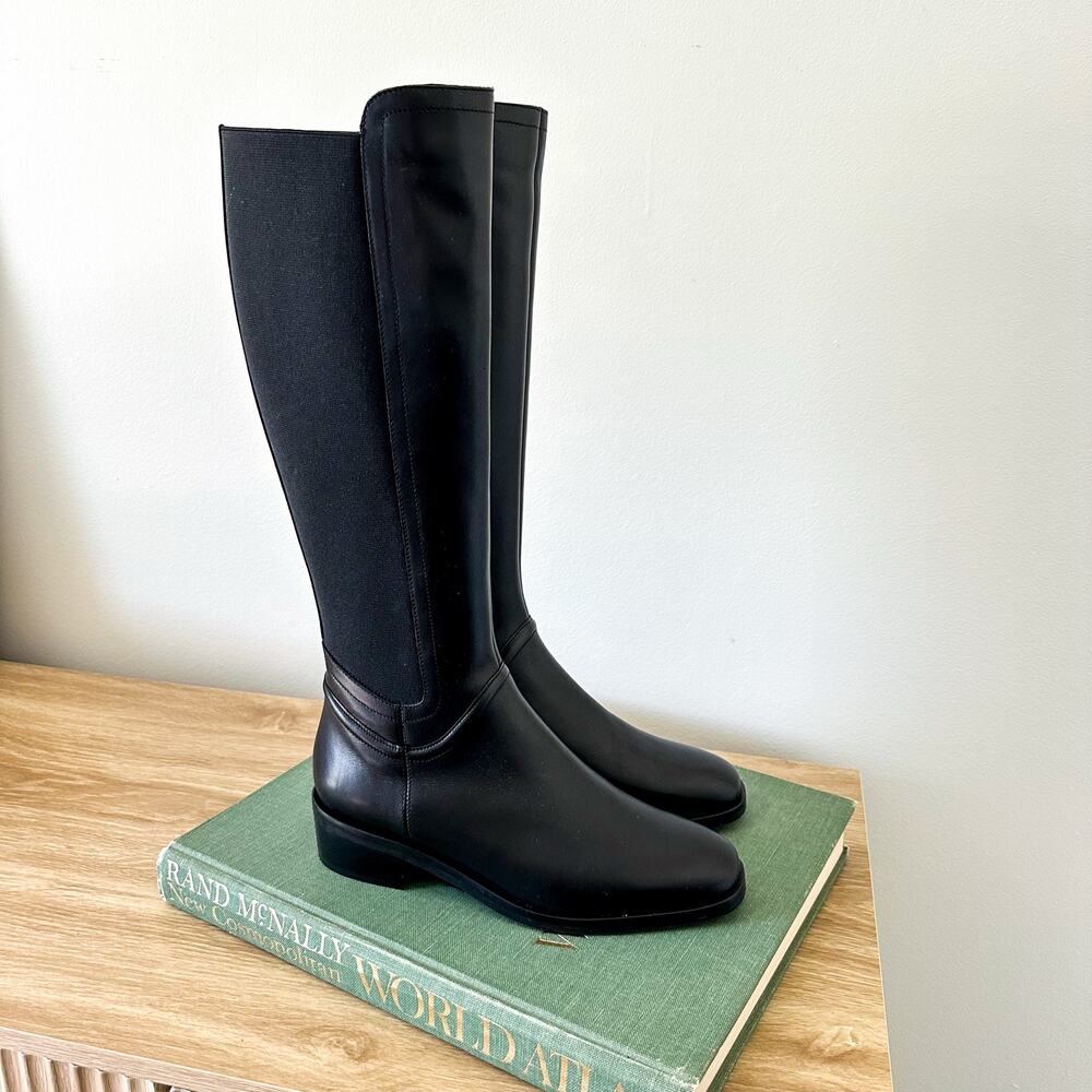 Aquatalia Leather Zip Up Block Heels Knee High Boots Black 8.5